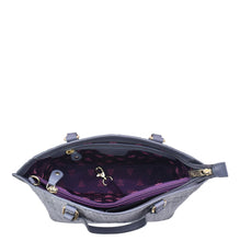 Load image into Gallery viewer, Anuschka Medium Tote - 693 with a gray leather exterior and a purple interior, the zipper partially open showing contents inside.

