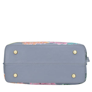 Floral-patterned, gray Medium Tote - 693 with gold-tone snap fasteners and a zippered compartment from Anuschka.