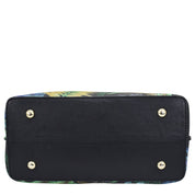 Black genuine leather Medium Tote - 693 with tropical print design on the edges and metallic stud accents by Anuschka.