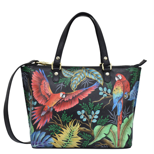 Anuschka style 693, Medium Tote. Rainforest Beauties painting in Black color. Top zip entry, Removable handle with full adjustability.