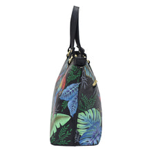 Load image into Gallery viewer, Black genuine leather Medium Tote - 693 with tropical leaf print design and shoulder strap by Anuschka.
