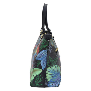 Black genuine leather Medium Tote - 693 with tropical leaf print design and shoulder strap by Anuschka.