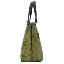 Load image into Gallery viewer, Green patterned leather Medium Tote - 693 with drawstring closure by Anuschka.
