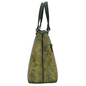 Green patterned leather Medium Tote - 693 with drawstring closure by Anuschka.