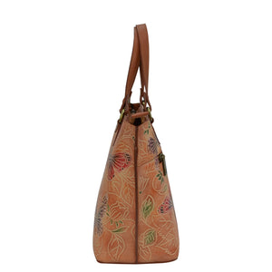 Floral-patterned, genuine leather Anuschka Medium Tote - 693 shoulder bag on a white background.