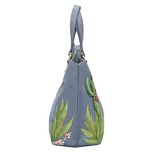 Load image into Gallery viewer, Side view of a gray Anuschka Medium Tote - 693 with green leaf and cactus hand-painted embroidery.
