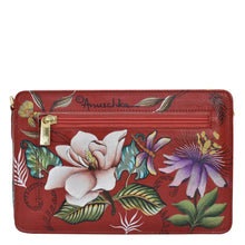 Load image into Gallery viewer, Red floral-patterned leather Triple Compartment Crossbody - 696 with a zipper closure, organized compartments, and Anuschka brand name in script.
