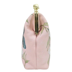 Pink Anuschka Medium Frame Crossbody - 700 with a floral design and gold clasp, featuring a structured style.