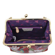 Open Anuschka Medium Frame Crossbody - 700 with a purple interior and a metal clasp closure, featuring a vintage-inspired structured style.