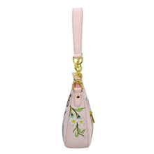 Load image into Gallery viewer, Pink floral Small Convertible Hobo - 701 pouch with gold-tone hardware and crossbody strap by Anuschka.
