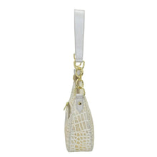 Load image into Gallery viewer, Light-colored, genuine leather crocodile pattern Small Convertible Hobo - 701 key pouch with a strap and gold-tone hardware, isolated on a white background by Anuschka.
