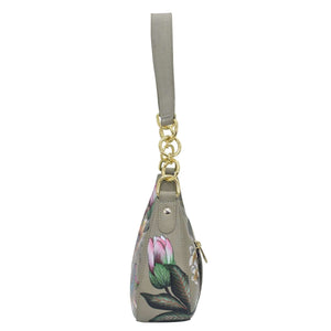 Floral-patterned genuine leather Small Convertible Hobo - 701 keychain purse with a wrist strap by Anuschka.