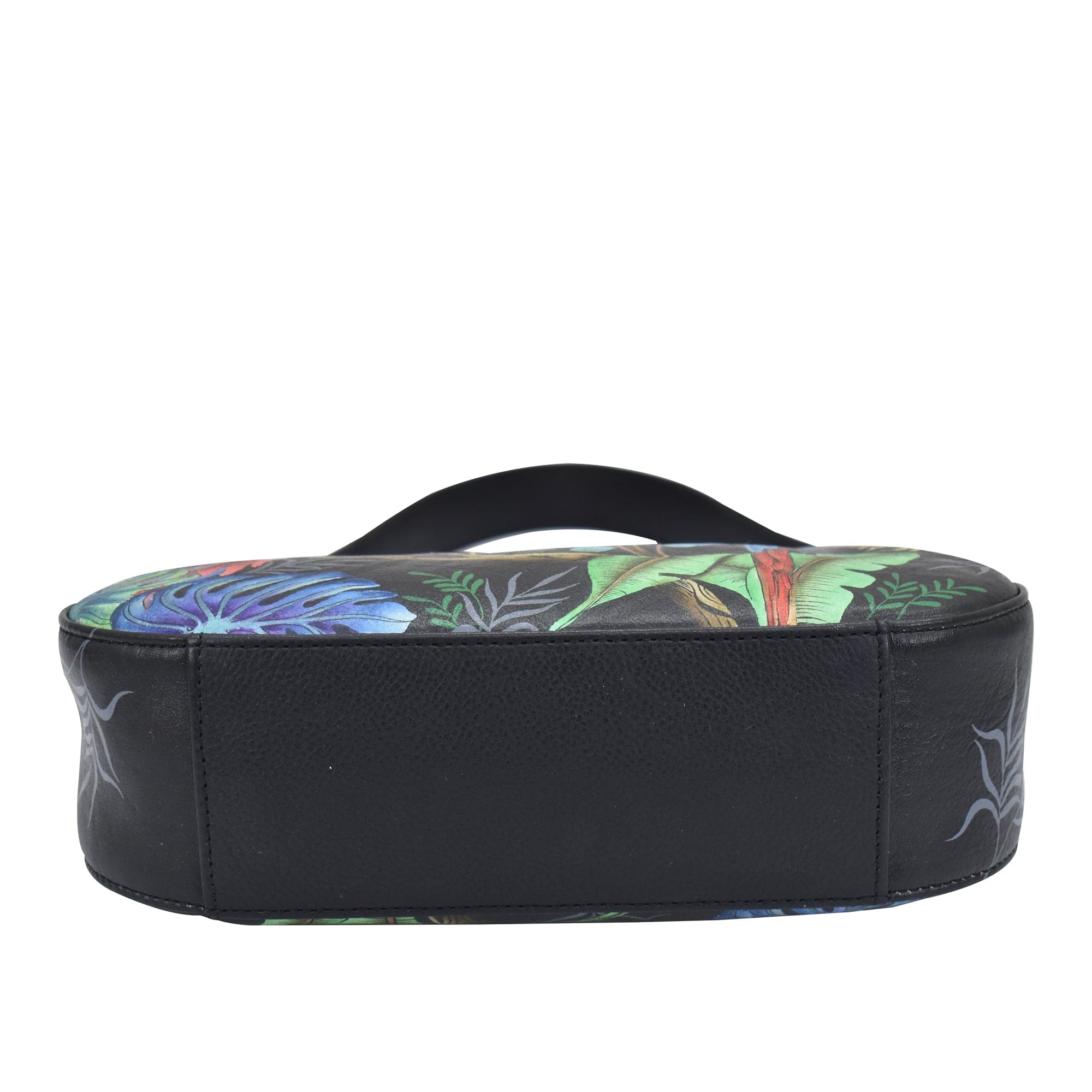 A black genuine leather Small Convertible Hobo - 701 with a floral print on the top side and a carrying handle by Anuschka.