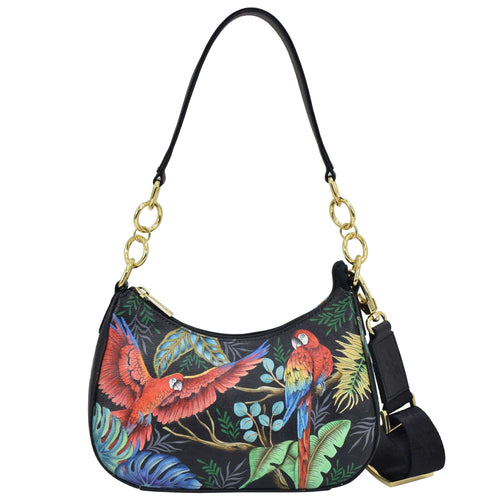 Anuschka style 701, Small Convertible Hobo. Rainforest Beauties painting in Black color. Featuring Rear full length zip pocket & Removable adjustable crossbody web strap.