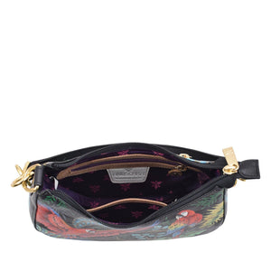 Sentence with the product replaced:
Gray floral Small Convertible Hobo - 701 with gold zipper opened to reveal the interior and a crossbody strap.