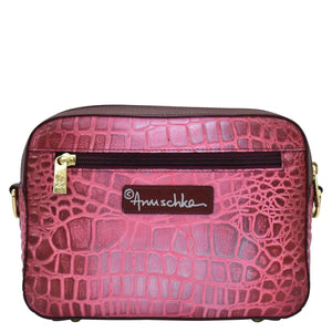 Anuschka Twin Top Messenger with Croco Embossed Berry color