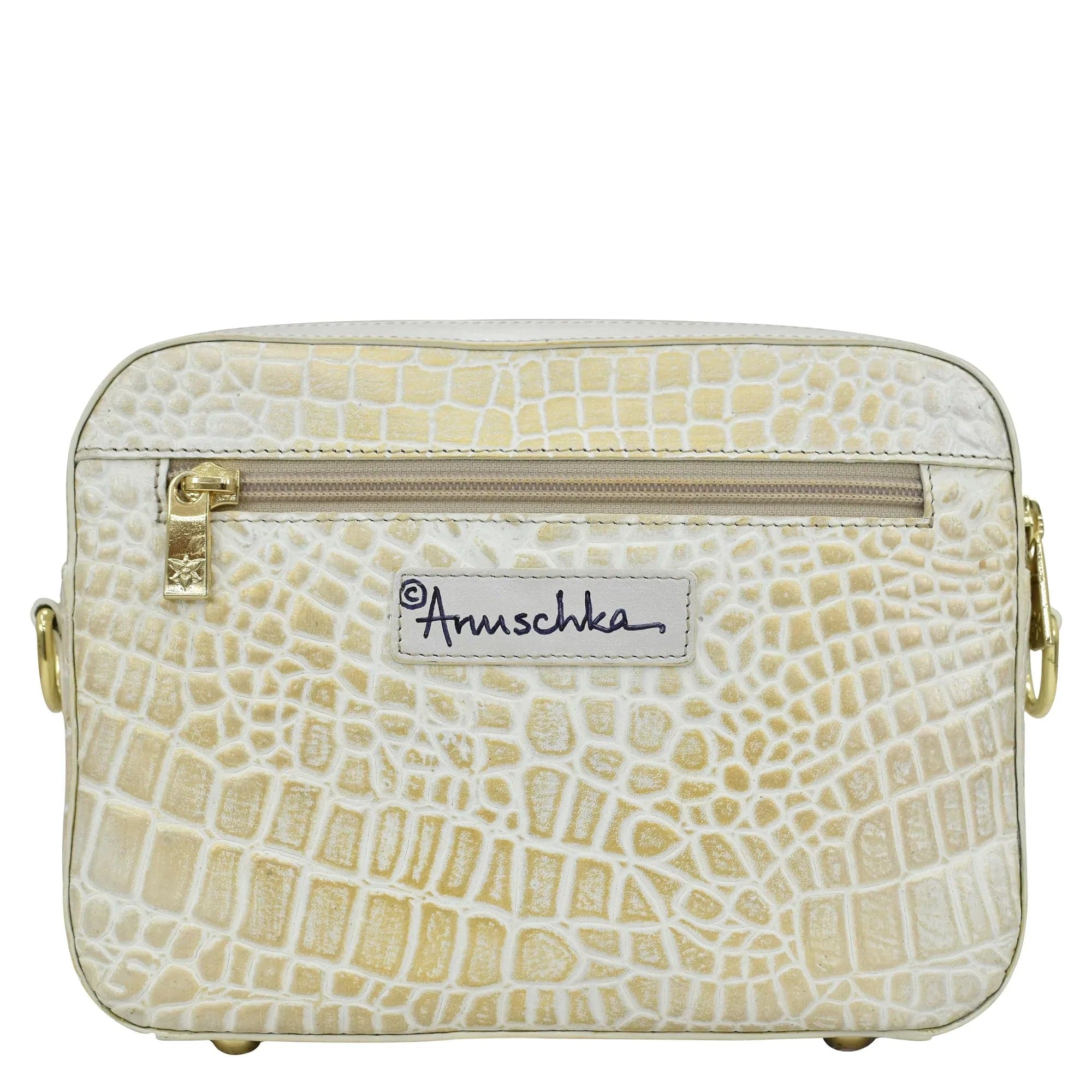Anuschka Twin Top Messenger with Croco Embossed Cream Gold color