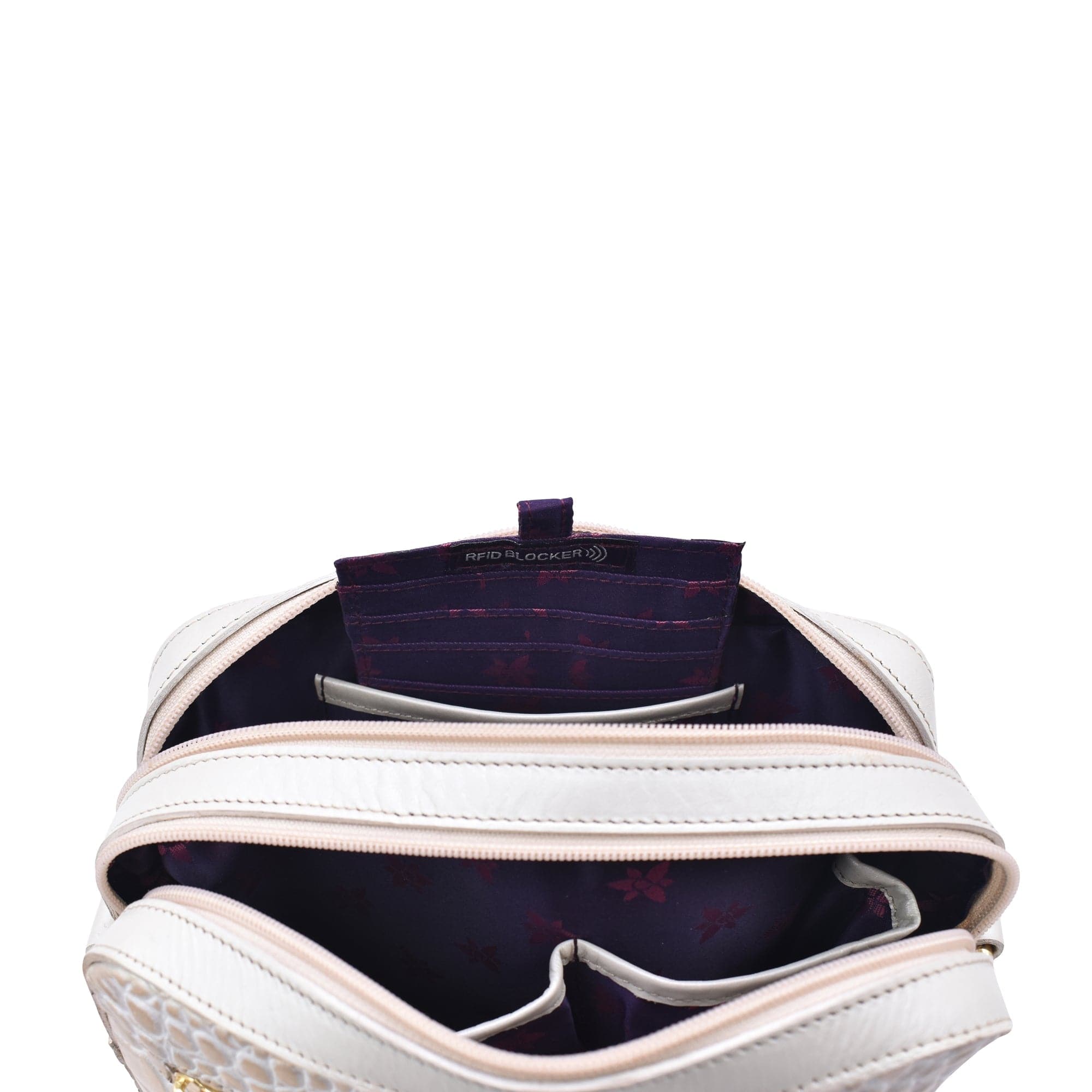 Open Anuschka Twin Top Messenger - 704 handbag with a compartment labeled "RFID protected card case" visible.