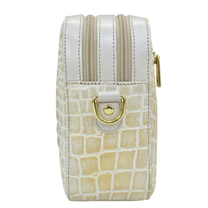 White and beige striped faux crocodile leather wallet with gold-toned clasp closure and RFID protected card case, the Anuschka Twin Top Messenger - 704.
