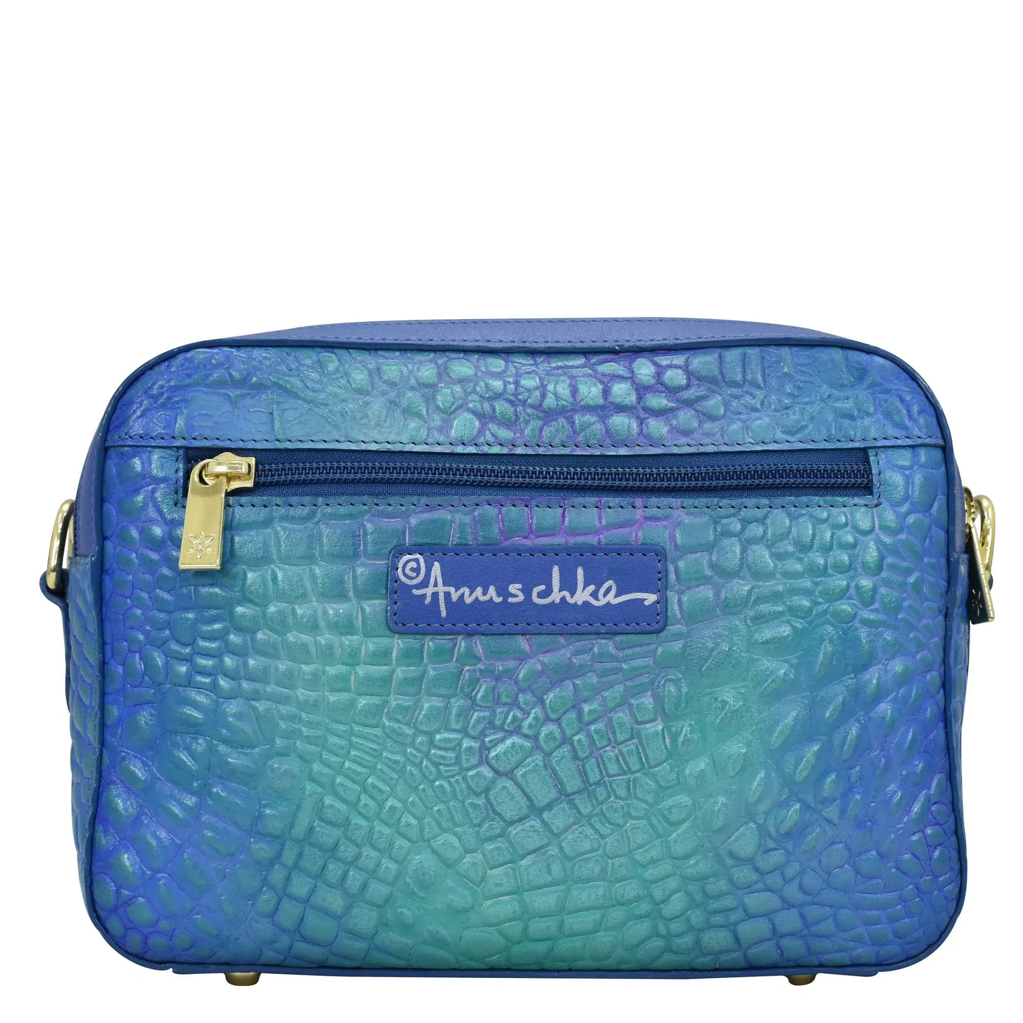 Anuschka Twin Top Messenger with Croco Embossed Peacock color