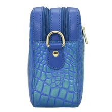 Load image into Gallery viewer, Blue leather Twin Top Messenger - 704 with a crocodile pattern, silver zipper and hardware, and RFID protection by Anuschka.
