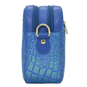 Blue leather Twin Top Messenger - 704 with a crocodile pattern, silver zipper and hardware, and RFID protection by Anuschka.