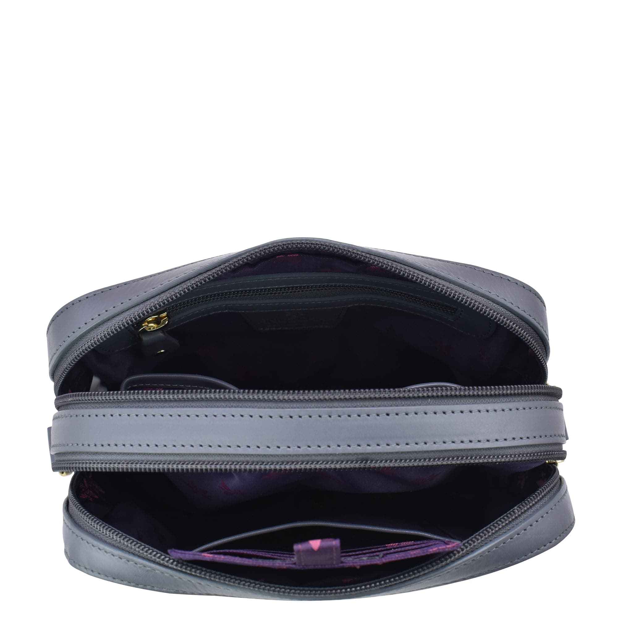 Open gray Anuschka Twin Top Messenger - 704 with multiple compartments displayed on a white background.