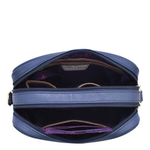 Load image into Gallery viewer, Blue Twin Top Messenger - 704 fanny pack with an adjustable strap and open compartment displaying its RFID protected interior by Anuschka.
