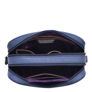 Blue Twin Top Messenger - 704 fanny pack with an adjustable strap and open compartment displaying its RFID protected interior by Anuschka.