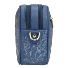 Load image into Gallery viewer, Side view of a blue Anuschka Twin Top Messenger - 704 with a coral and fish pattern, a single zipper closure, and RFID protected.
