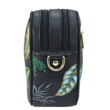 Load image into Gallery viewer, Black cylindrical cosmetic case with floral print, RFID protected, and zipper closure - Anuschka Twin Top Messenger - 704.
